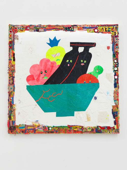 Misaki Kawai, Fruity Party, 2011. Acrylic, fabric and paper on canvas, 60 x 60 in, 152 x 152 cm