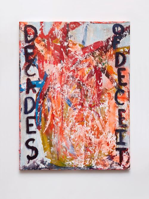 Alicia Gibson, Decades of Deceit, 2017. Oil, spray paint, and plaster on canvas, 40 x 30 in, 101 x 76 cm