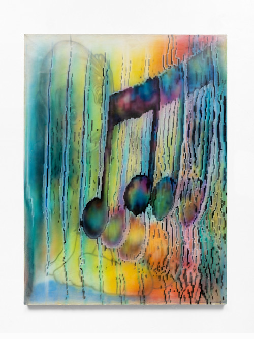 Mia Scarpa, My Playlist #139, 2025. Acrylic and beeswax on canvas, 48 x 36 in (122 x 91 cm)
