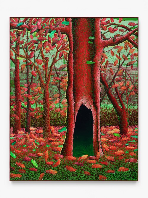 Ross Caliendo, Untitled (Red Tree), 2023. Oil and acrylic on canvas with wood frame, 56 x 45 in (142 x 114 cm)