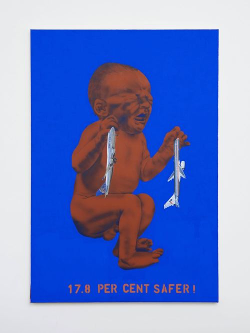Zoe Barcza, 17.8 Per Cent Safer!, 2017. Acrylic and collage on canvas, 63 x 43 in, 160 x 110 cm