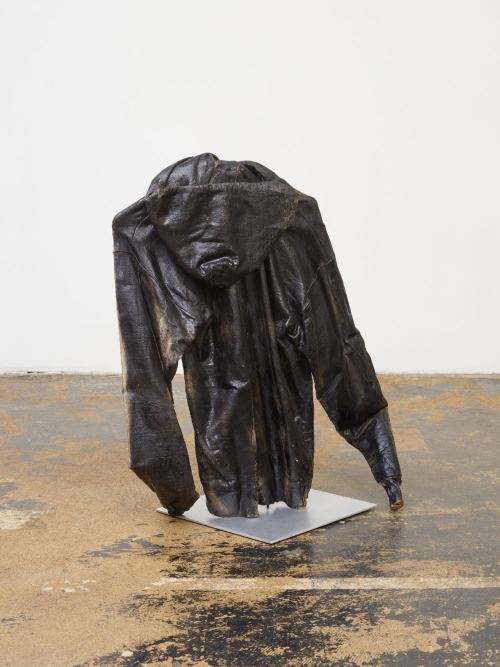 Tarik Garrett, Untitled (hoodie), 2018. Mixed media on sweatshirt, Sculpture 73 x 59 x 25 cm (on steel armature on an aluminum base 32 x 32 cm)