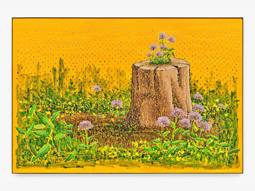 Ross Caliendo, Untitled (Stump), 2023. Oil and acrylic on canvas with wood frame, 45 x 71 in (114 x 180 cm)
