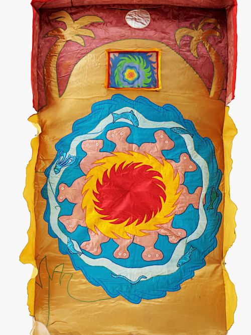 Moki Cherry, Title unknown (Tibetan style ceiling canopy), 1977.  Textile, 47 x 94 in (120 x 240 cm)