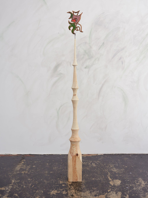 Emelie Sandström, Beast, 2016. Pinewood, bronze, glass, 74 x 7 x 6 in, 187 x 17 x 15 cm
