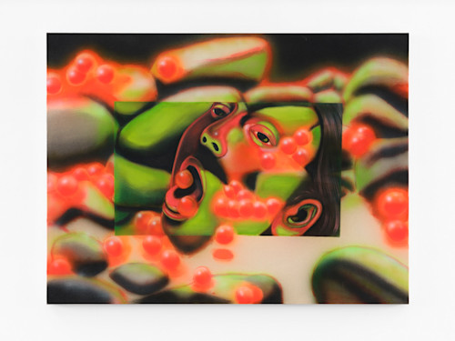 Anja Salonen, Salmon Spawn, 2022. Fabric dye, acrylic and oil on canvas, 36 x 48 in (91 x 122 cm)