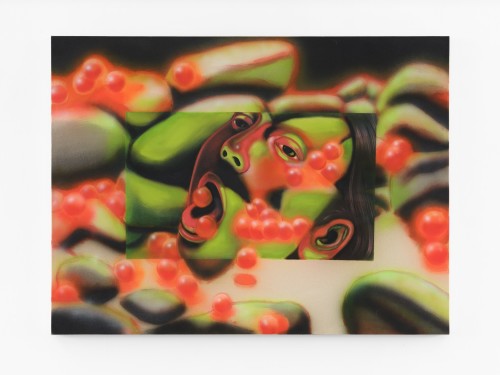 Anja Salonen, Salmon Spawn, 2022. Fabric dye, acrylic and oil on canvas, 36 x 48 in (91 x 122 cm)