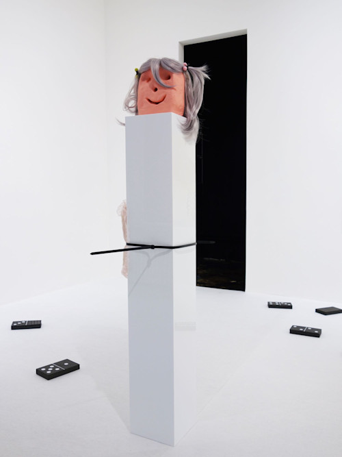 Brian Kokoska, Lithium Layla (Forever Young), 2015. Clay, acrylic, kanekalon, ponytail balls, plexiglass, infant casket cushion, toy scorpion, cable tie, 135 x 25 x 25 cm