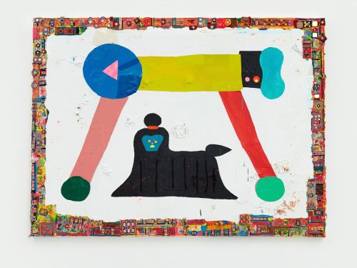 Misaki Kawai, Doggy Bridge, 2011. Acrylic, fabric and paper on canvas, 60 x 80 in, 152 x 203 cm