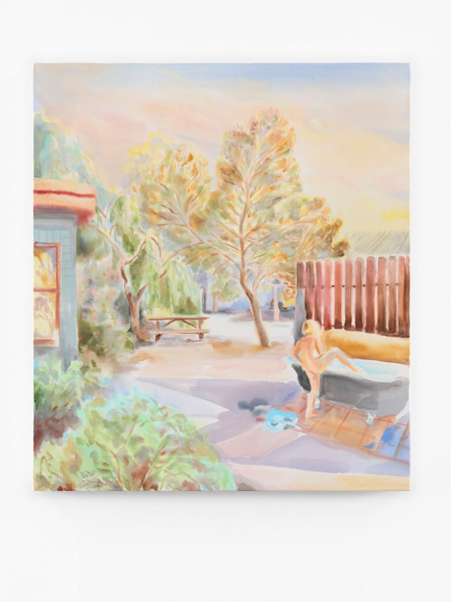 Michelle Blade, Olive in the Bath in 29 Palms. 2022, Acrylic and ink on poplin, 34 x 30 in (86 x 76 cm)