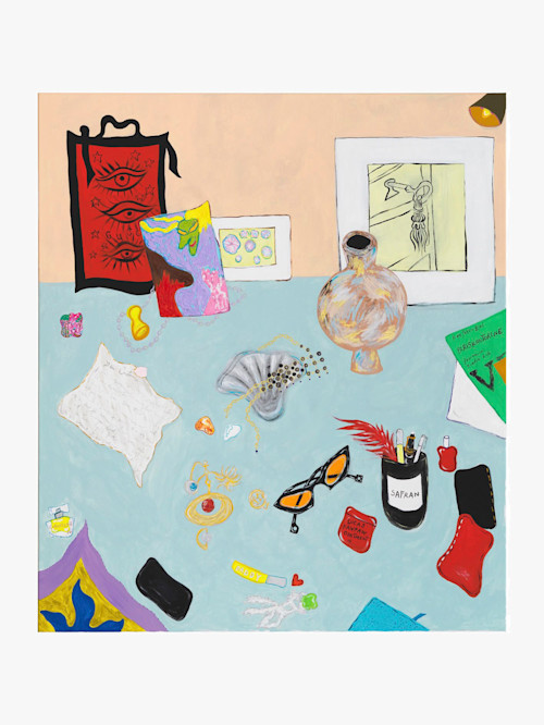 Constance Tenvik, Night Stand (Kim's Game), 2021. Flashe, gouache, acrylic, pearl, oil on canvas, 150 x 130 cm (59 x 51 in)