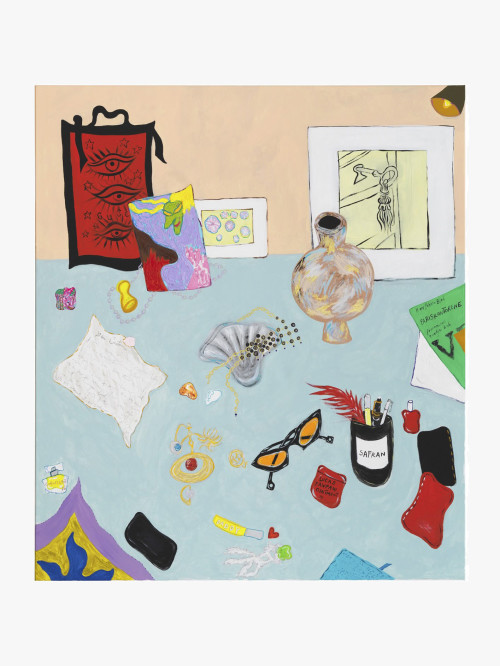 Constance Tenvik, Night Stand (Kim's Game), 2021. Flashe, gouache, acrylic, pearl, oil on canvas, 150 x 130 cm (59 x 51 in)