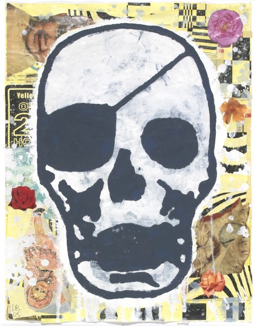 Donald Baechler, Skull Yellow 3, 2005.  Gouache, vinyl paint and paper collage on paper, 27 x 21 in, 69 x 53 cm