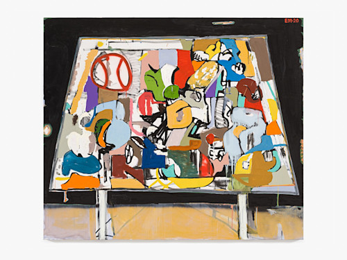 Eddie Martinez, Night Table, 2020. Acrylic, oil, collage, spray paint and pushpins on canvas, 72 x 84 in (183 x 213 cm)