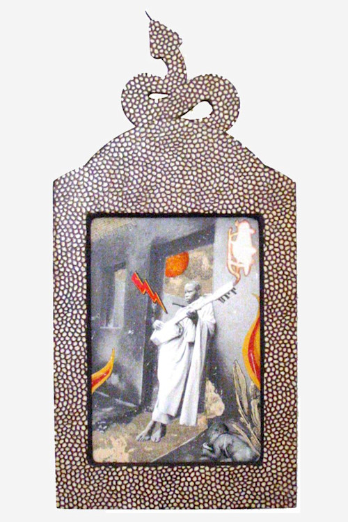Stefan Danielsson, Slow Pain, 2004-2006. Collage on paper in handmade frame with snake tongue, blood, spine, 4.5 x 3 in, 12 x 8 cm