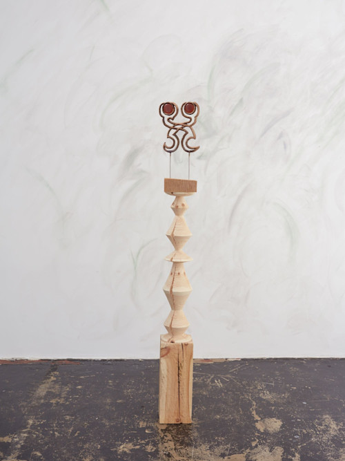 Emelie Sandström, Fire, 2016. Pinewood, bronze, glass, 60 x 8 x 6 in, 152 x 20 x 15 cm