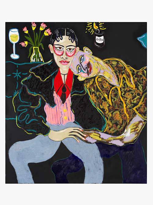 Constance Tenvik, The Lovers, 2021. Flashe, pastel, oil, oil pastel, charcoal on canvas, 150 x 130 cm (59 x 51 in)