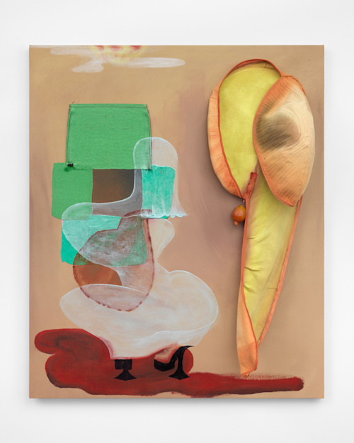 Odessa Straub, Salome Specter- Head Orbit, 2019. Acrylic, chili powder, pleather, cashmere, wood, pomegranate, nylon zippers, sobo, nail enamel, on canvas, 50 x 42 x 10 in, 127 x 107 x 25 cm