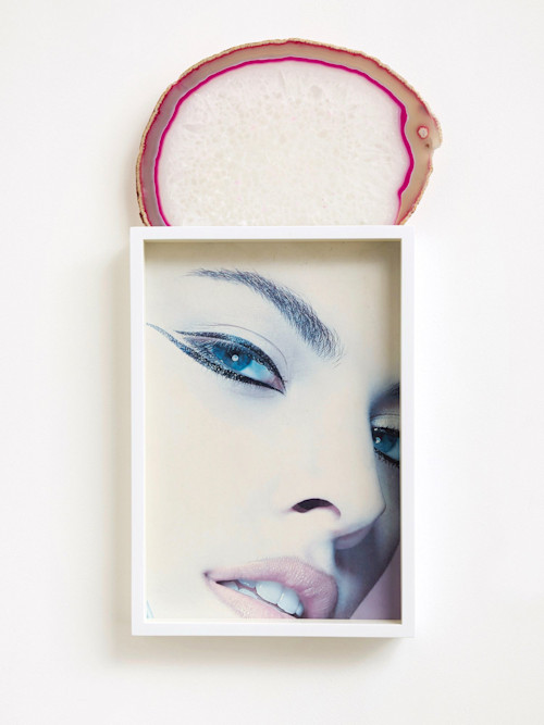 Gabriele Beveridge, Face Your Fears, 2015. Found poster, frame, dyed agate slice, 20 x 10.5 in, 49 x 26 cm