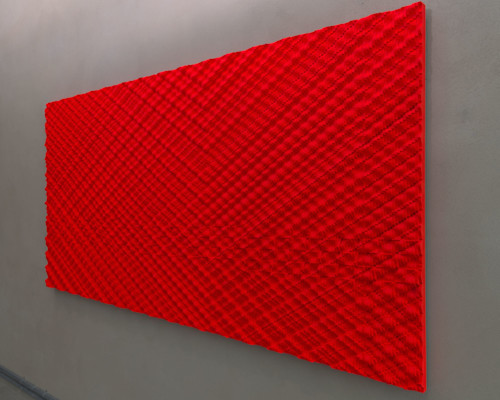 Ara Peterson, Intersecting Streams Red, 2012. Acrylic paint on wood, 48 x 96 in, 122 x 244 cm