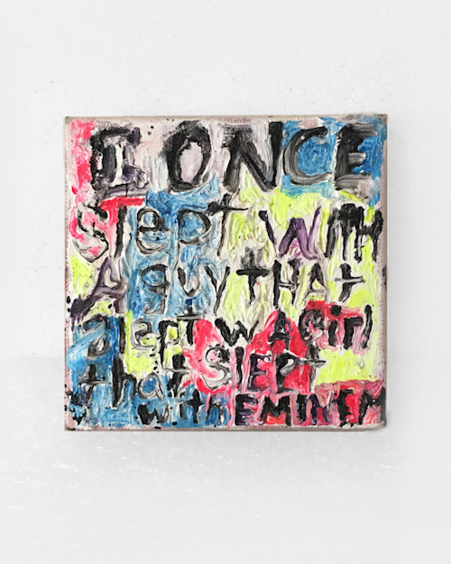 Alicia Gibson, I Once Slept With a Guy That Slept With a Girl That Slept With Eminem, 2019. Oil on canvas, 4 x 4 in, 10 x 10 cm