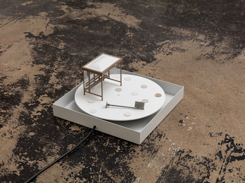 Jesse Stecklow, Bus Stop Stage Noises Off!, 2016. Powdercoated aluminum, motor, timer, model bus stop, wire, Carbograph 5 Air Sampler
