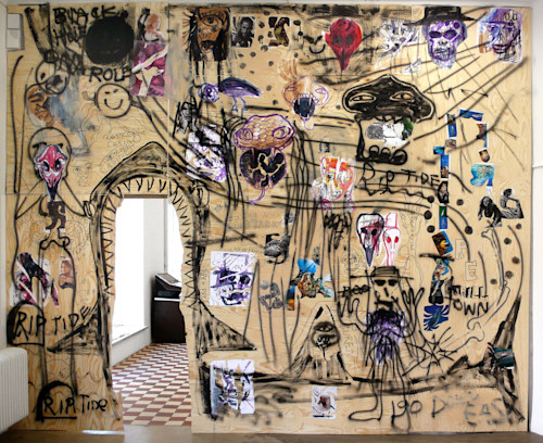 Bill Saylor, Black Moon Sea Flow, 2007. Spraypaint, collage, oil and flashe on plywood, 142 x 174 in, 360 x 442 cm