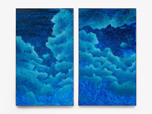 Ross Caliendo, Storm (North) & Storm (South), 2023. Oil and acrylic on canvas with wood frame, diptych, 85 x 101 in (216 x 257 cm)