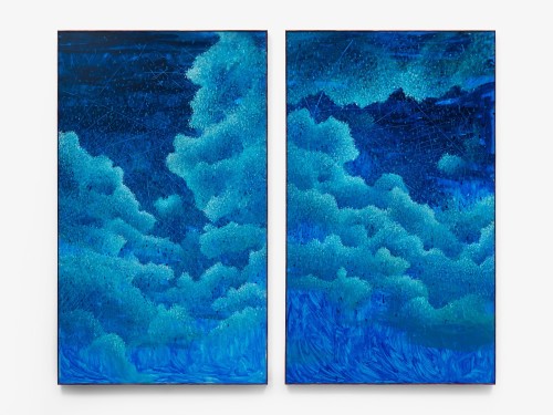 Ross Caliendo, Storm (North) & Storm (South), 2023. Oil and acrylic on canvas with wood frame, diptych, 85 x 101 in (216 x 257 cm)
