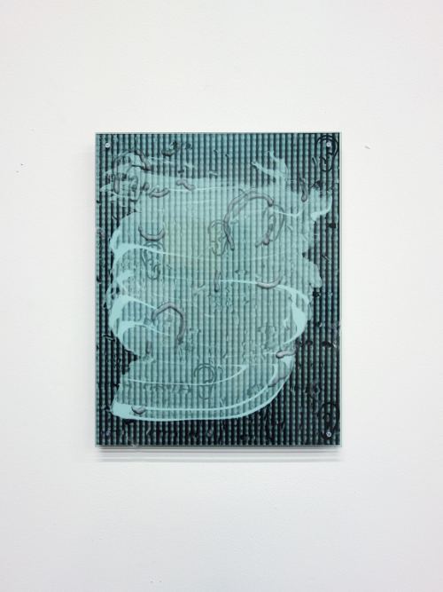 Sandra Vaka Olsen, Ear Block, 2015. Sunscreen on photograph mounted on 2mm aluminum, carved plexi, screws, 14 x 11 in, 37 x 30 cm