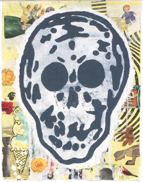 Donald Baechler, Skull Yellow 5, 2005. Gouache, vinyl paint and paper collage on paper, 27 x 21 in