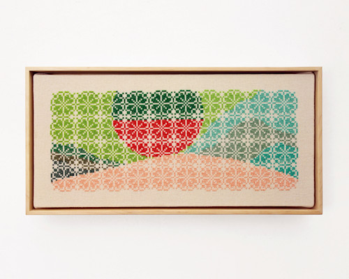 Jordan Nassar, Concrete Catching Fire, 2019. Hand embroidered cotton on cotton, artist frame, 9 x 18 in (22 x 46 cm)