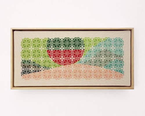 Jordan Nassar, Concrete Catching Fire, 2019. Hand embroidered cotton on cotton, artist frame, 9 x 18 in (22 x 46 cm)