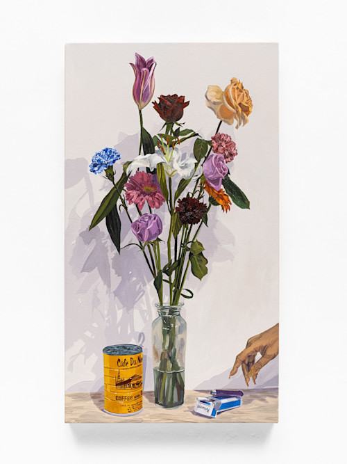 Tidawhitney Lek, Bouquet and Cigarettes, 2025. Oil, acrylic, and glitter on canvas, 32 x 18 in (81 x 46 cm)