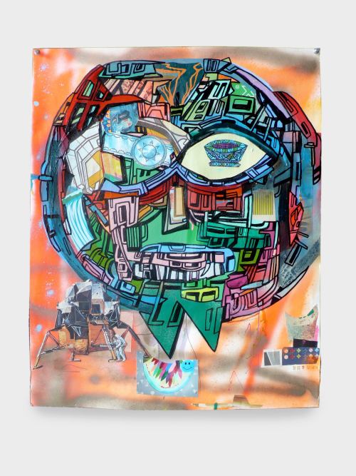 Joe Grillo, Mmoon Mann, 2009. Acrylic, spraypaint and collage on paper, 24 x 19 in, 61 x 48 cm