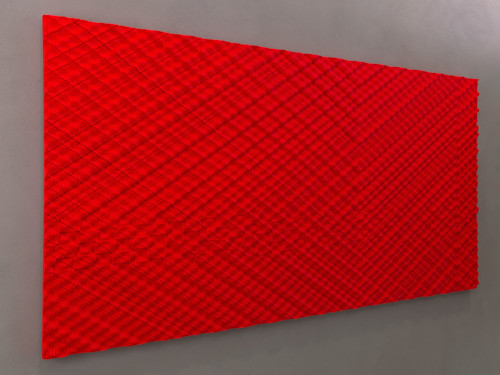 Ara Peterson, Intersecting Streams Red, 2012. Acrylic paint on wood, 48 x 96 in, 122 x 244 cm