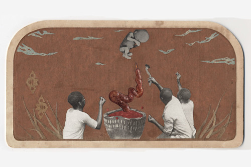 Stefan Danielsson, Bite Dead, 2006. Collage and dried grass on paper, 5 x 10 in, 13 x 24 cm
