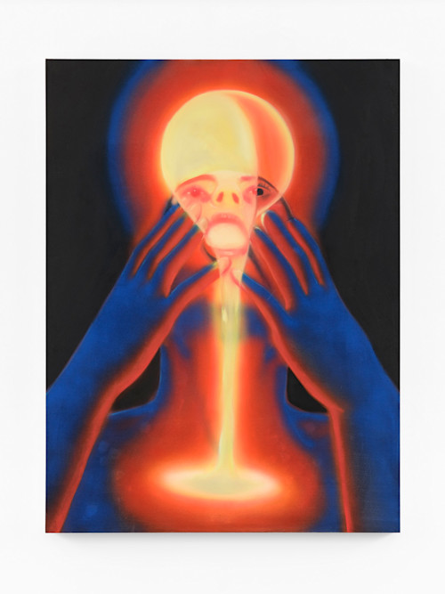 Anja Salonen, Sun Eater, 2022. Fabric dye, acrylic and oil on canvas, 48 x 36 in (122 x 91 cm)