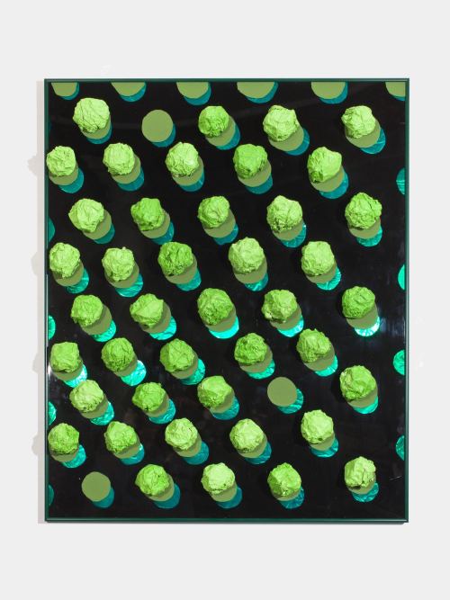 Brian Belott, Kermit (Green tin foil balls), 2012. Aluminum foil, metal frame, paint, reverse glass technique, 43 x 43 in, 109 x 109 cm