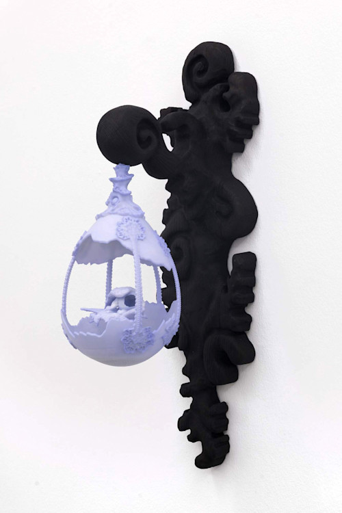 Eetu Sihvonen, Slumbering Warden, 2024. Charred pinewood, 3D printed soy-based resin, linseed oil, dye, hardware, 27 x 8 x 10 in (69 x 20 x 25 cm)