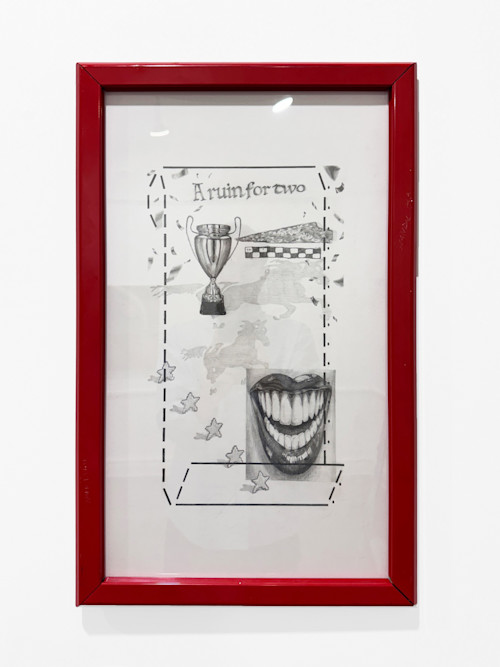 Ingrid Segring, A Ruin for Two, 2024. Graphite on paper, commercial frames, wood, acrylic sheet, 24 x 16 in (60 x 40 cm)