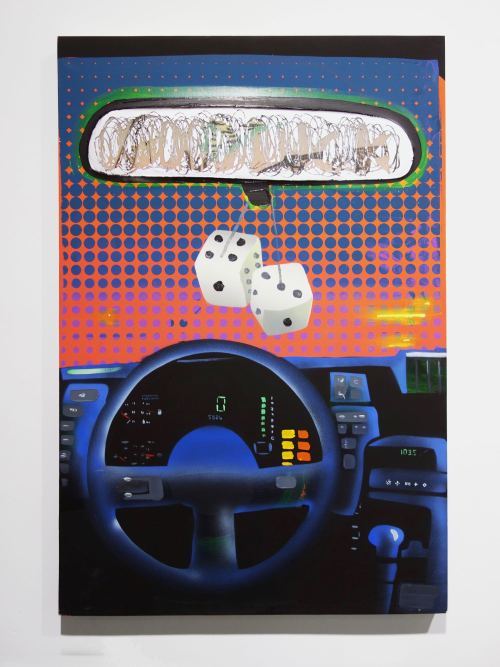 Melissa Brown, Dice and Dash, 2015. Flashe, Acrylic, Oil, Silkscreen, Linocut, Resin, Lottery Scratch-Off Ink on Canvas stretched over panel, 35 x 23 in, 89 x 60 cm