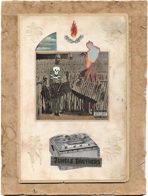 Stefan Danielsson, Jungle Brothers, 2004-2006. Collage and watercolor on paper in unique frame with thorns, bells, 8 x 5 in, 21 x 14 cm