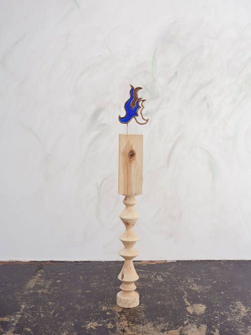 Emelie Sandström, Reverence, 2016. Pinewood, bronze, glass, 58 x 8 x 6 in, 147 x 20 x 15 cm