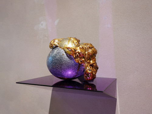Ajay Kurian, The Conditionals Of Birth Are Beyond Tenses 1, 2013. Ostrich egg, graphite, foam, mica dust, spray paint, plexiglass, 8 x 11 x 8 in, 20 x 28 x 20 cm