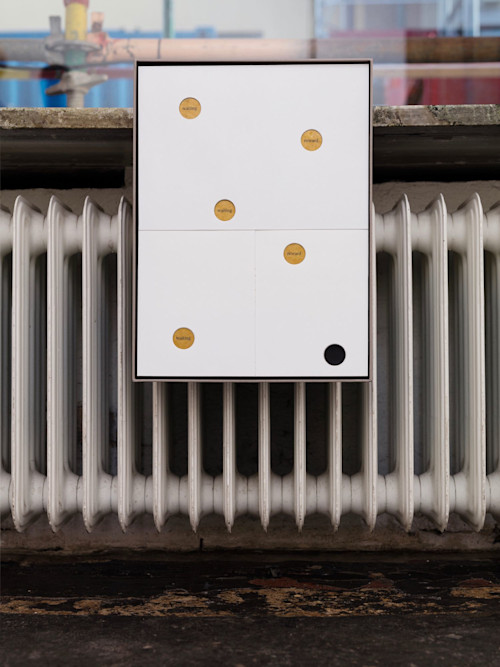 Jesse Stecklow, Collage Trap 3, 2016. Fly tape, chipboard, stainless steel foil, printed glassine, vinyl, paper-covered chipboard box Two Parts, 11.5 x 15.5 x 1.5 in