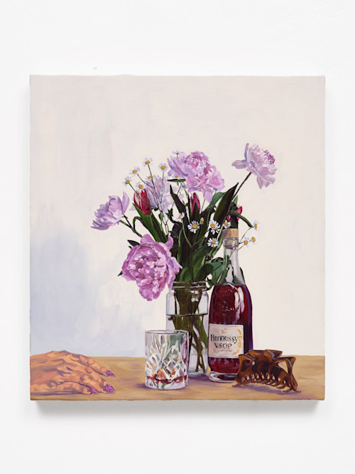 Tidawhitney Lek, Hennessy & Hair Clip, 2026. Glitter, acrylic and oil on canvas, 22 x 20 in (56 x 51 cm)