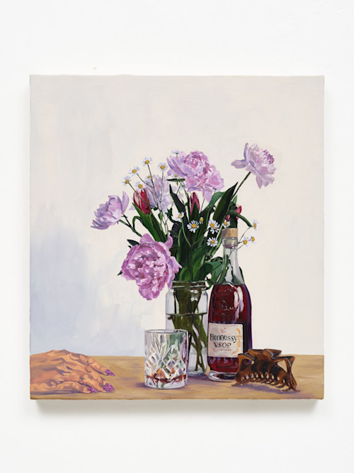 Tidawhitney Lek, Hennessy & Hair Clip, 2026. Glitter, acrylic and oil on canvas, 22 x 20 in (56 x 51 cm)