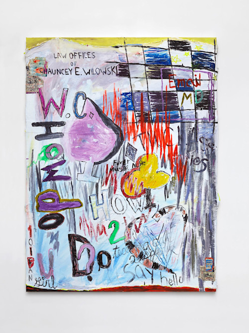 Alicia Gibson, 2 Teach a Cat to Speak, 2017. Oil and collage on fabric over canvas, 48 x 36 in, 122 x 91 cm