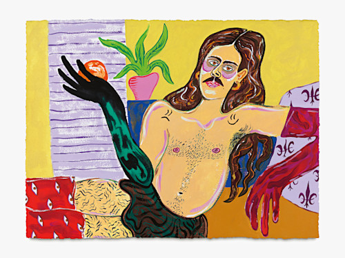 Constance Tenvik, Still Life With Orange (Marcel Alcalá Leaning On Their Bed), 2020. Gouache on paper, 30 x 22 in (76 x 57 cm)